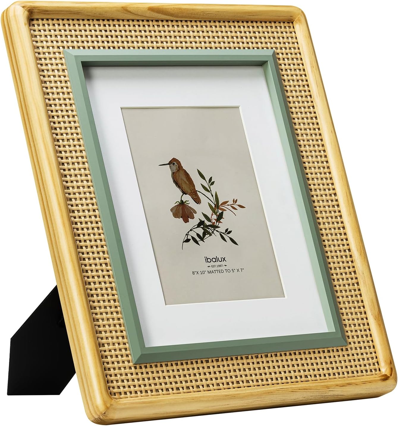 8x10 Picture Frame, Natural, Green and Rattan Trim, Pine Wood with Real Glass, Matted to 5x7, Vertical and Horizontal for Tabletop or Wall Hanging Display Photo Frame