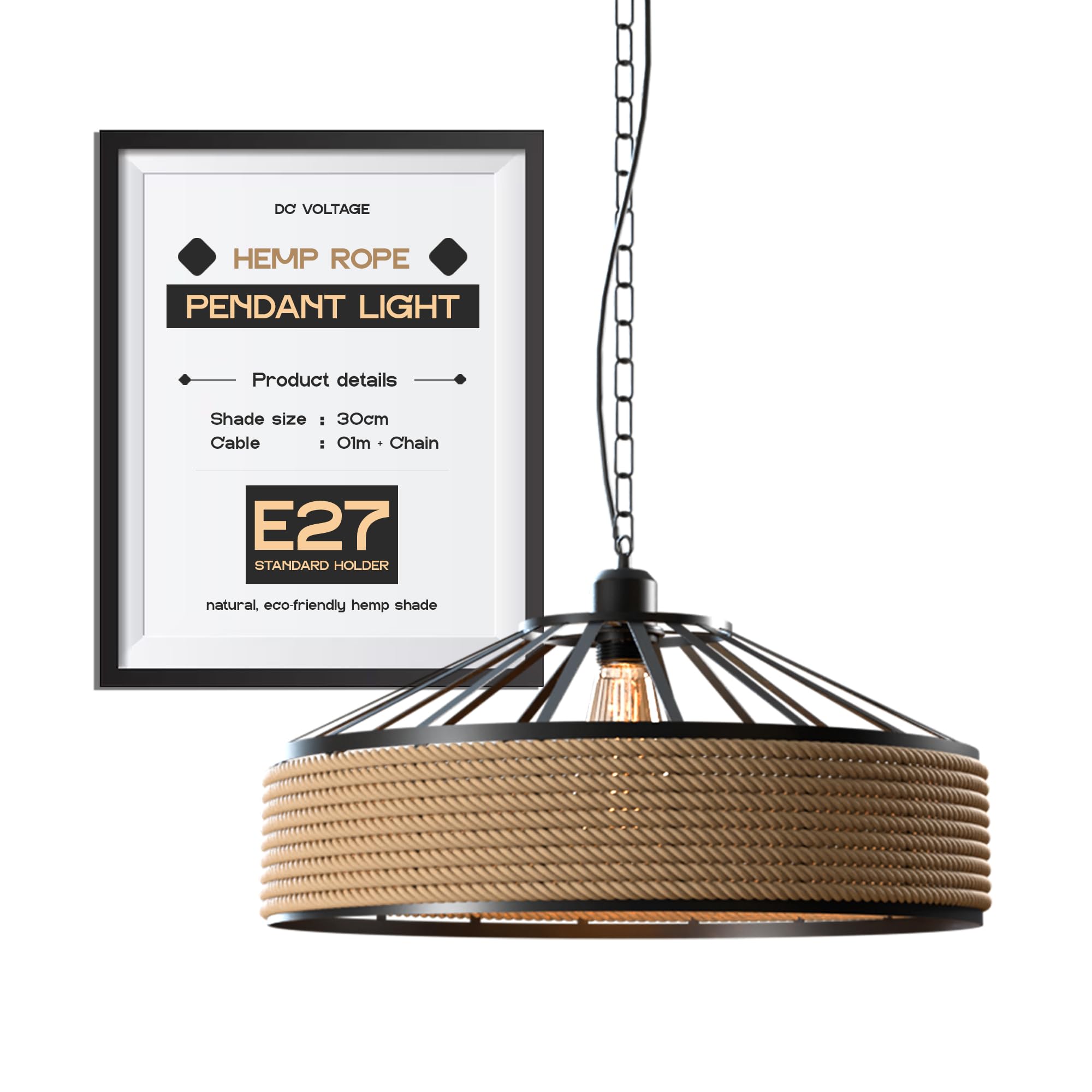 DC VOLTAGE Industrial Hemp Rope & Metal Pendant Light – 30cm Rustic Black Metal Shade, 1m Adjustable Chain & Cable Vintage Ceiling Hanging Lamp for Kitchen Island, Living Room, Bedroom