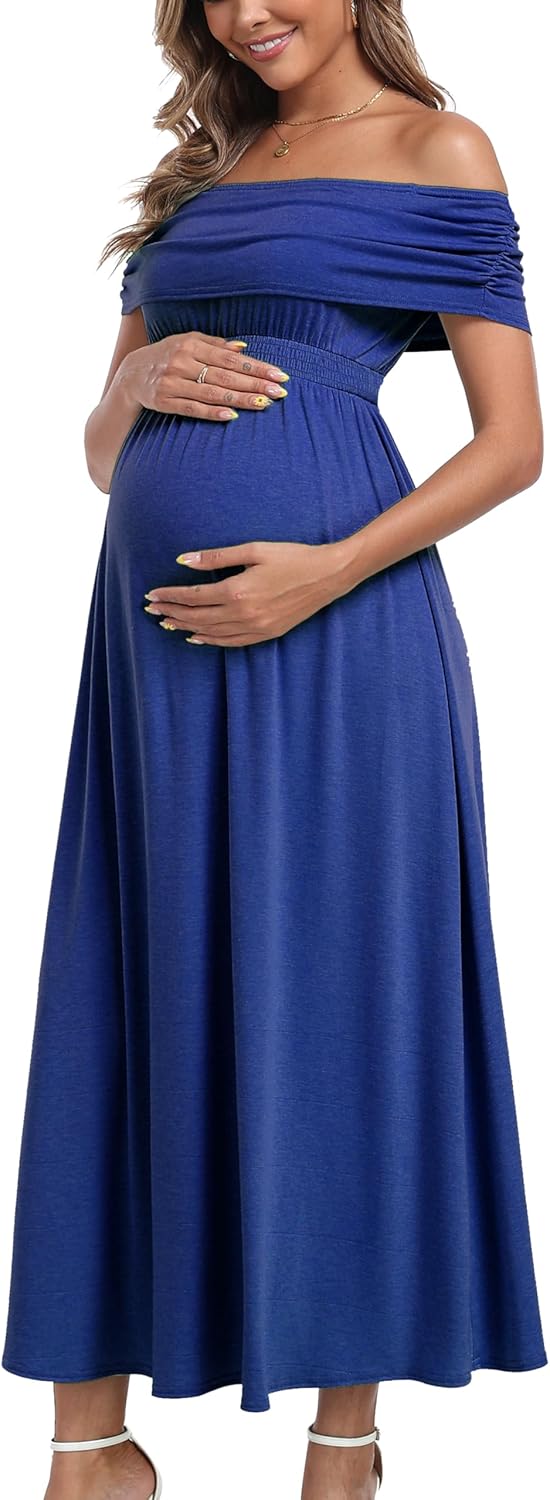 Off The Shoulder Maxi Maternity Dress for Photoshoot Baby Shower Sleeveless Casual Long Dresses - Image 4