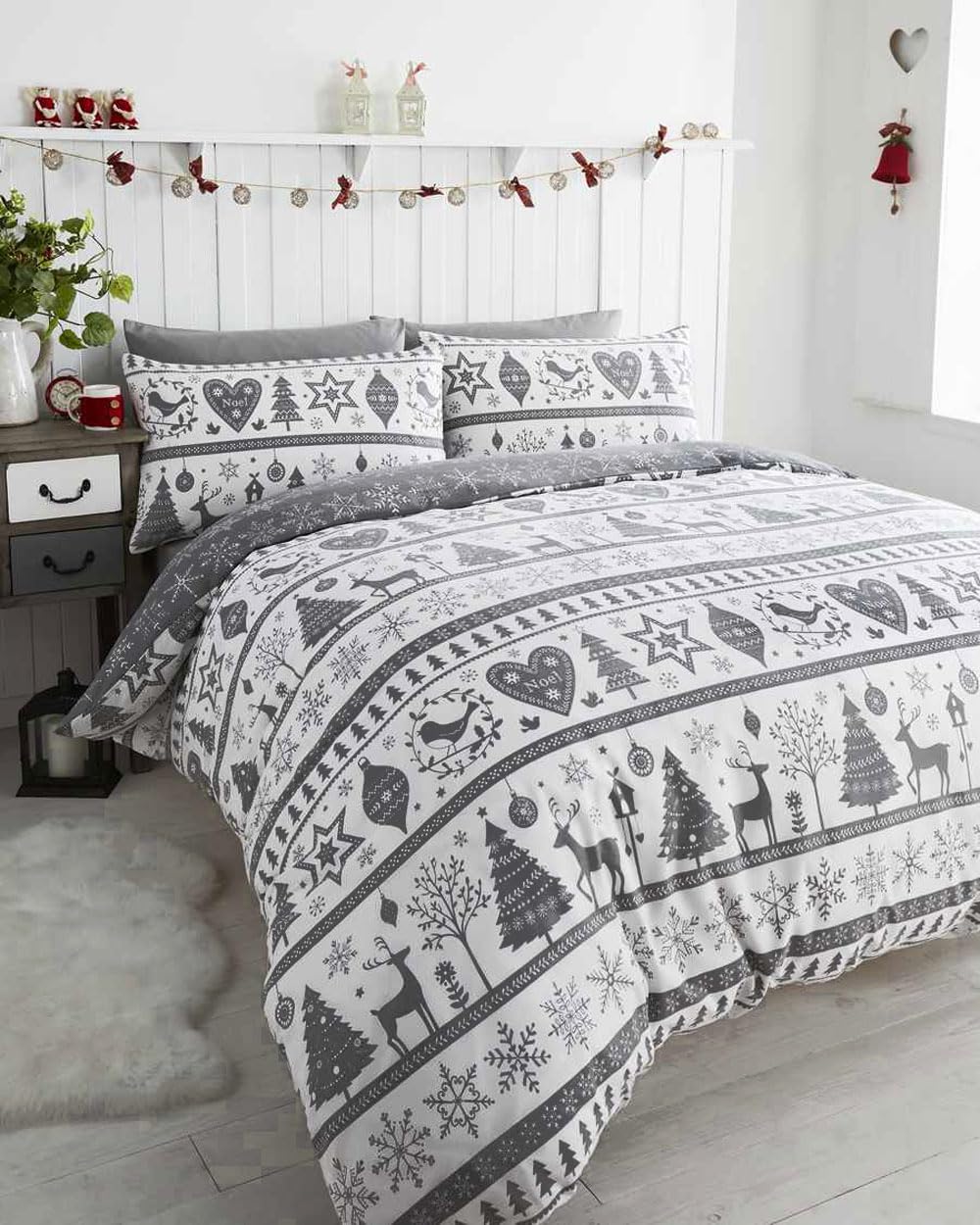 HOMEMAKER BEDDING Christmas Duvet Cover Set Reversible Snowflake Christmas Tree Design Festive Holiday Bed Set in 3 Colours (Grey, Single)