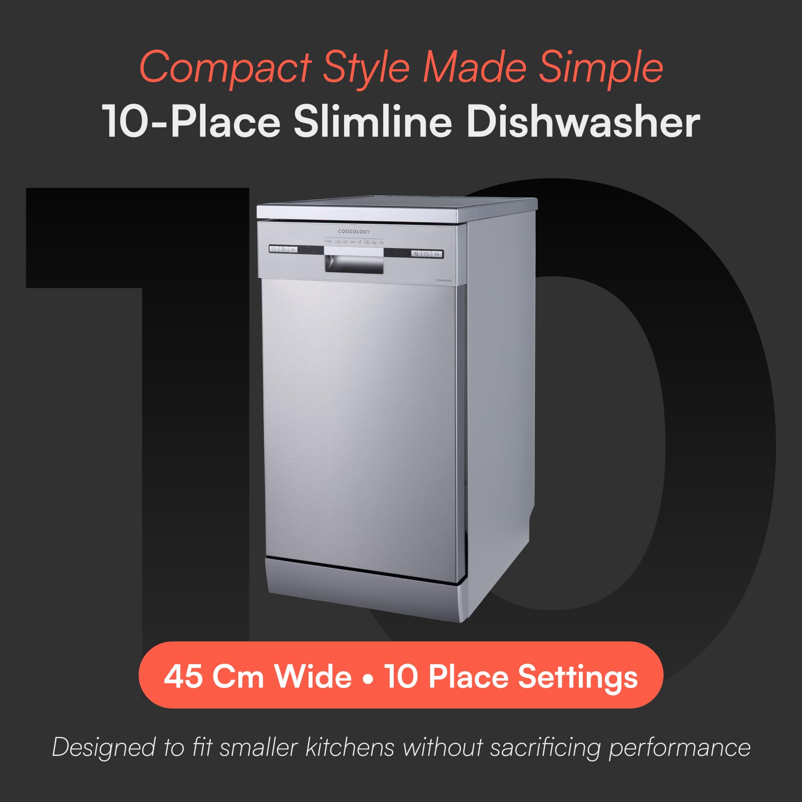 Cookology CFSD4510SS 45cm Wide Freestanding Slimline Undercounter Dishwasher, 6 Programme Settings with Eco Mode, 10 Place Settings - in Stainless Steel — view 2