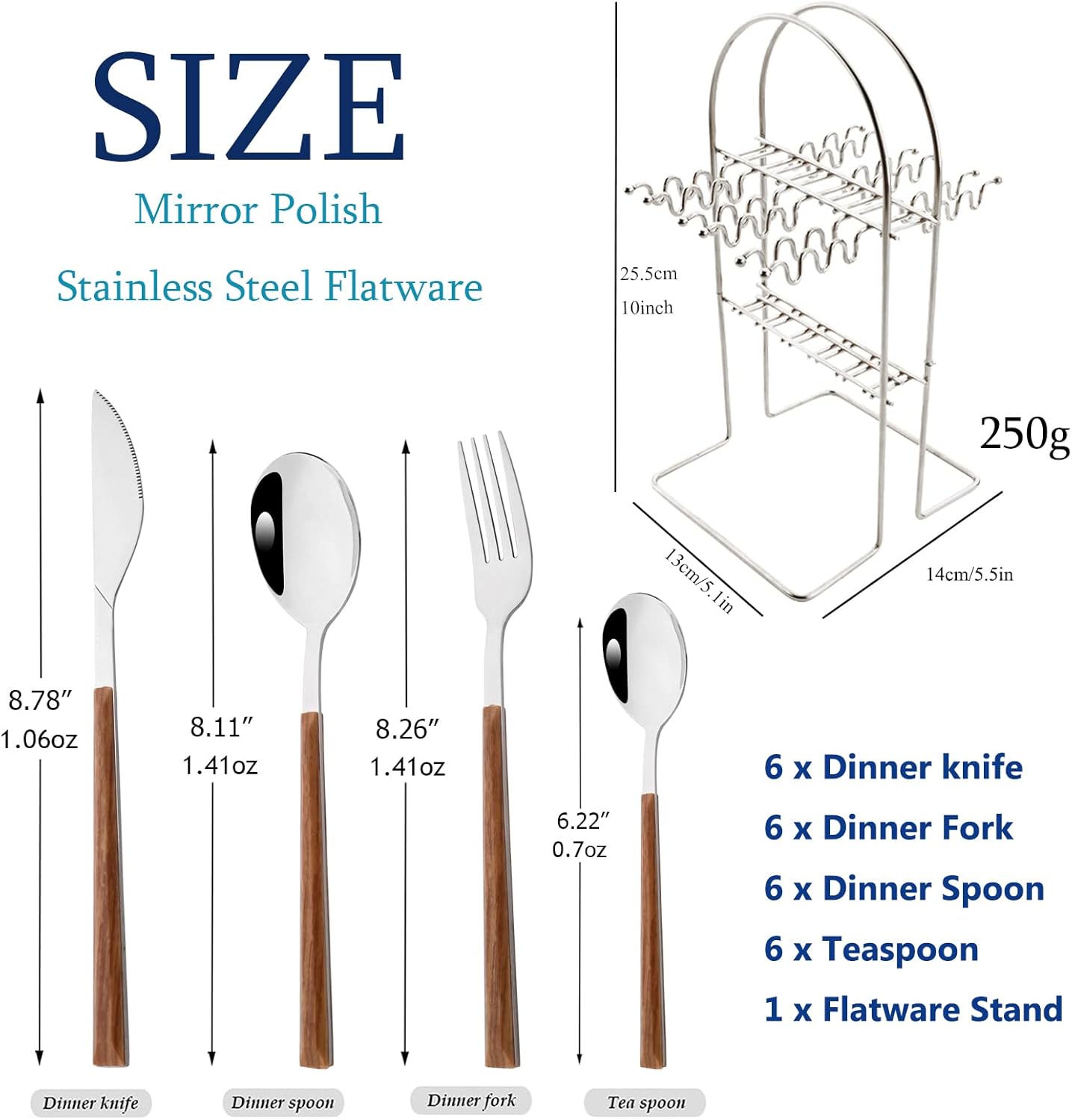 Silverware Set, 24 Piece Mirror Flatware Set With Stand, Stainless Steel Utensils With Wooden Handle, A Complete Cutlery Set For Most Families, Service For 6