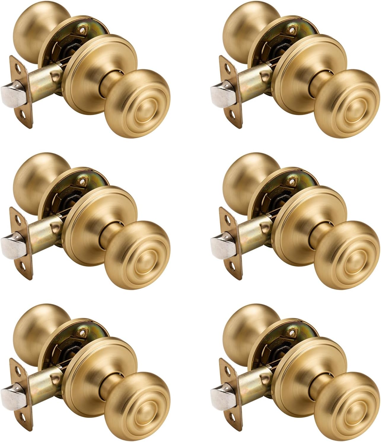 6 Pack Gold Door Knobs Interior with Turn Lock, Door Knob with Lock for Bath & Bedroom,Satin Brass Privacy Doorknobs