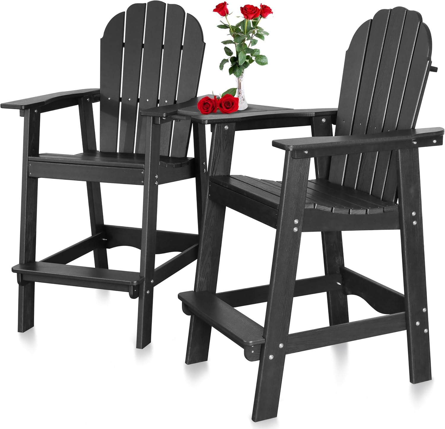 FRUITEAM Adirondack Chairs Set of 2, Recycled Poly Adirondack Chair Balcony Chair with Connecting Table, Weather-Resistant Outdoor Bar-Height Tall Adirondack Chairs for Patio, Pool, Yard, Lawn