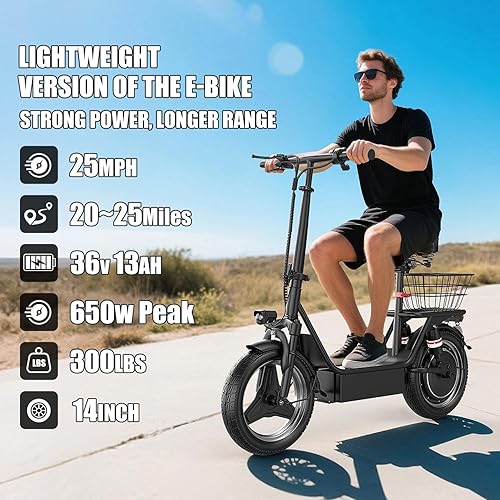 Miniatura 3 de Patinete eléctrico para adultos, motor de 500 W, 20-25 MPH y 20-30 millas de largo alcance, scooter eléctrico plegable de 14 pulgadas con asiento y