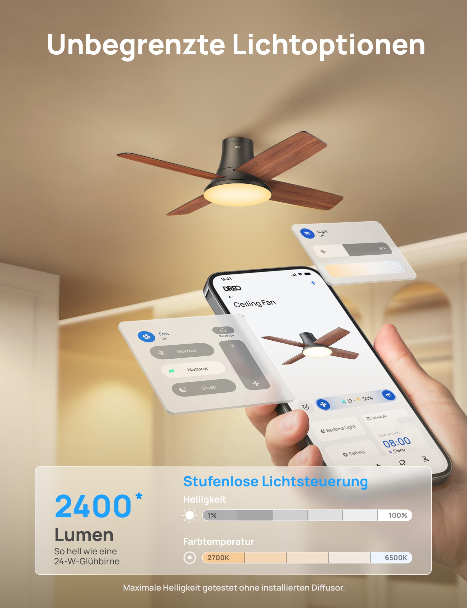 DREO Deckenventilator mit Licht bietet zwölf Geschwindigkeiten, drei Modi und einen leisen Gleichstrommotor. Einfache Montage, dimmbares LED, Fernbedienung und 12-Stunden-Timer in Schwarz