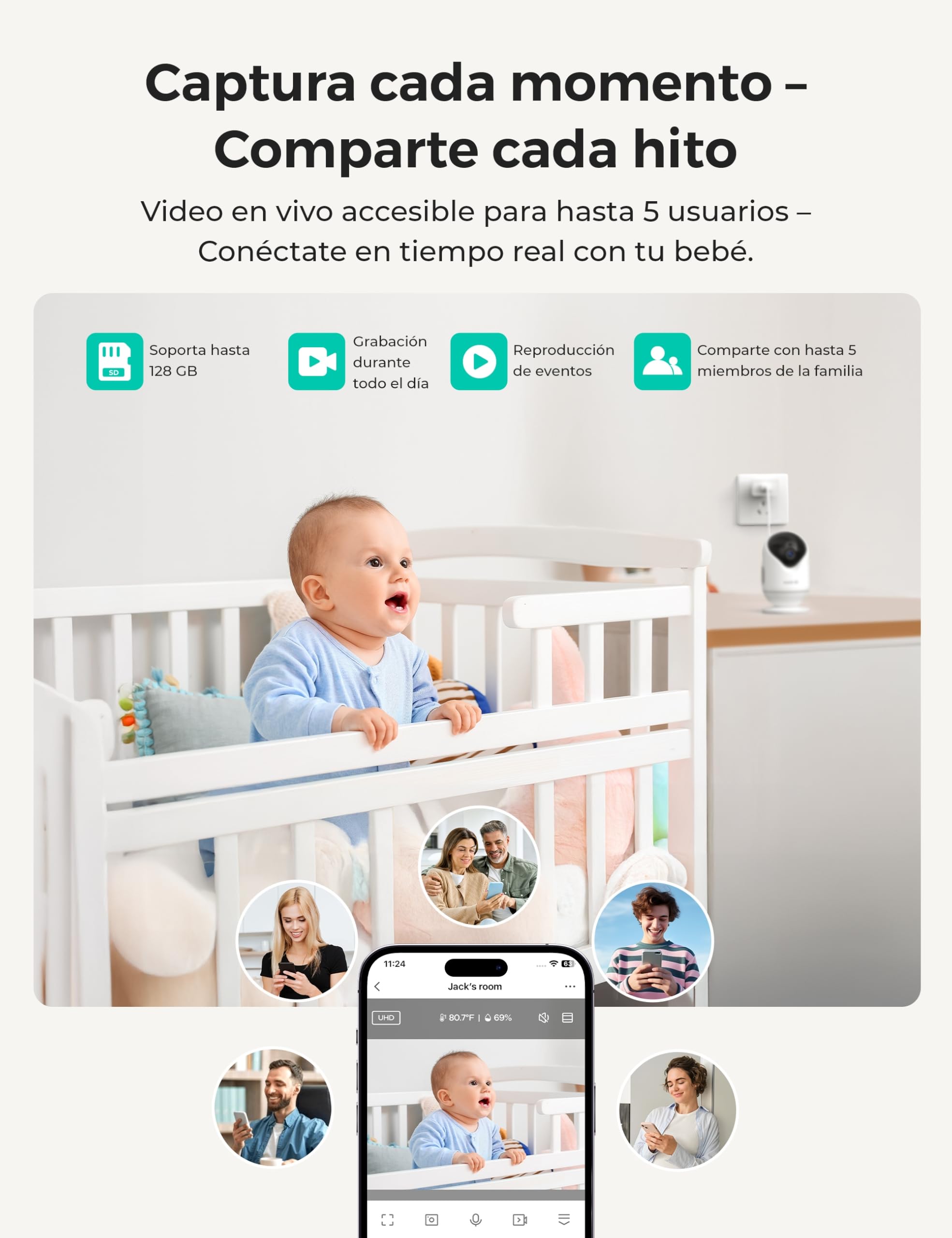 Dr.Care VistaView Lite WLAN Monitor Bebés Conectado, 1 Soporte Clip, 2 Cámaras, Pantalla Split 4'', Monitor 720P, Cámara 1080P, App, Visión Nocturna, Audio Bidireccional, Alcance 300m
