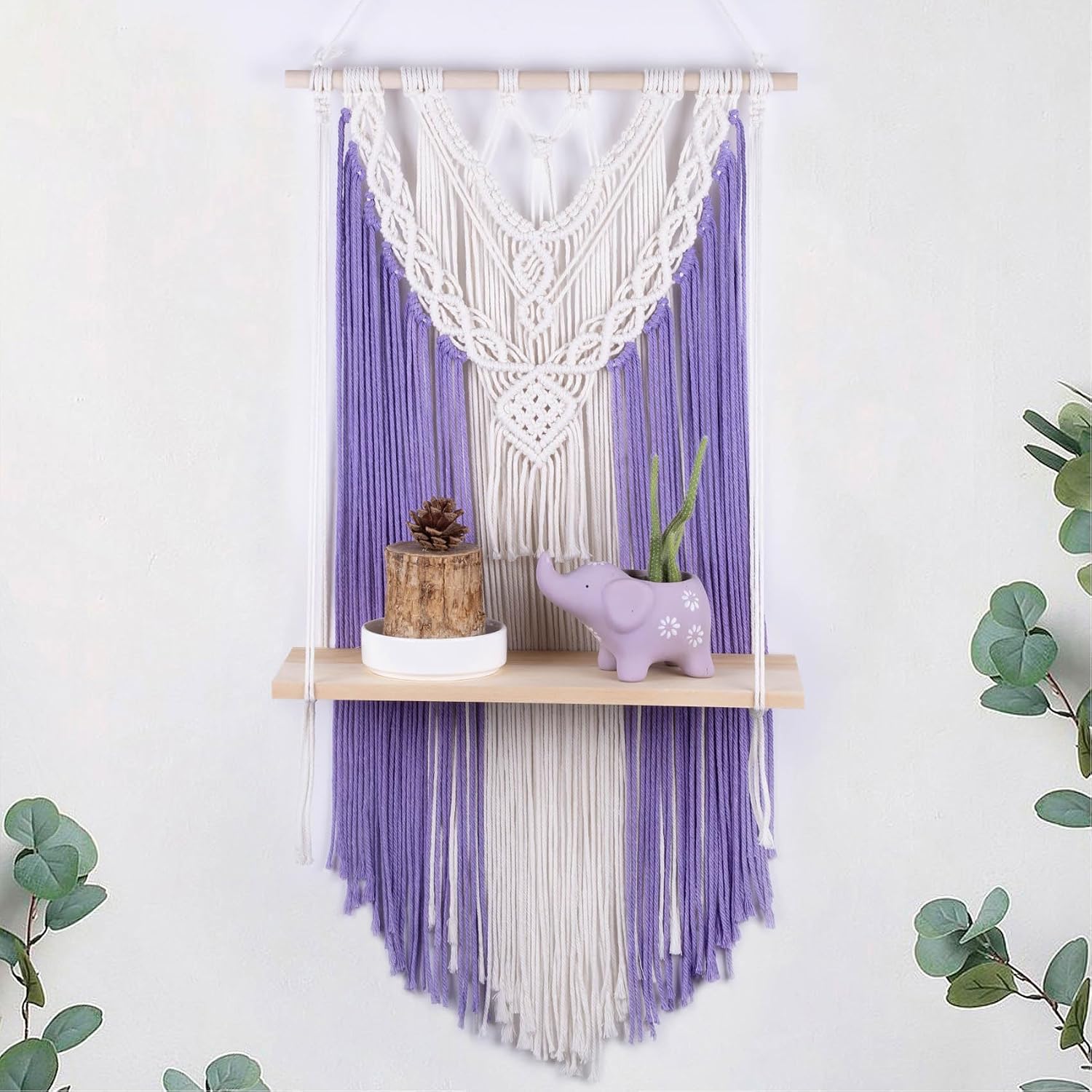 HVEST Purple Macrame Wall Hanging Shelf Boho Wall Decor Floating Storage Book Shelf Purple and Beige Handmade Tapestry Woven Wall Art for Bedroom Living Room Dorm Nursery Bathroom Macrame Plant Hanger