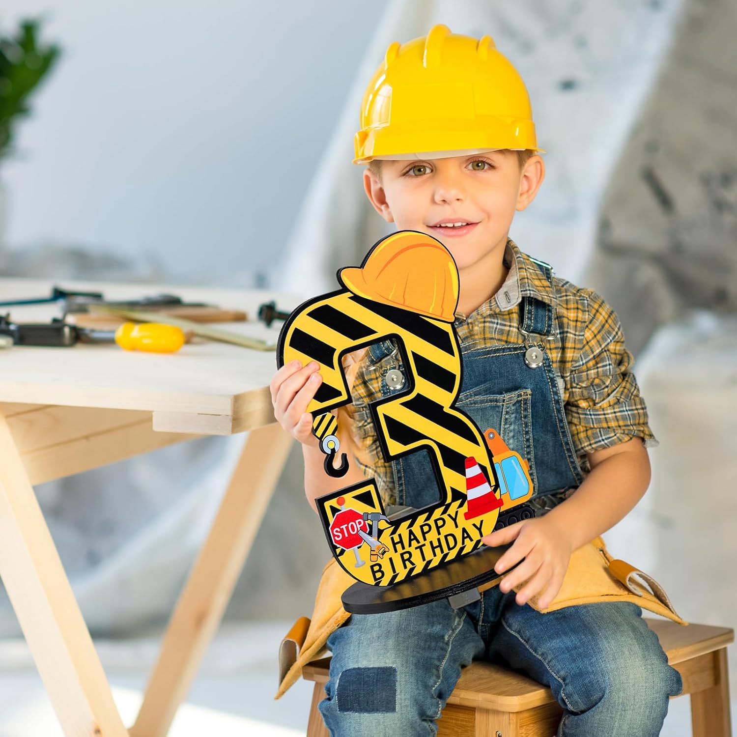 MiniInflat Construction 3rd Birthday Number Sign Centerpiece Truck 3rd Sign Construction Birthday Party Supplies Wooden Excavator Hat 3 Years Old Number for Boys Anniversary