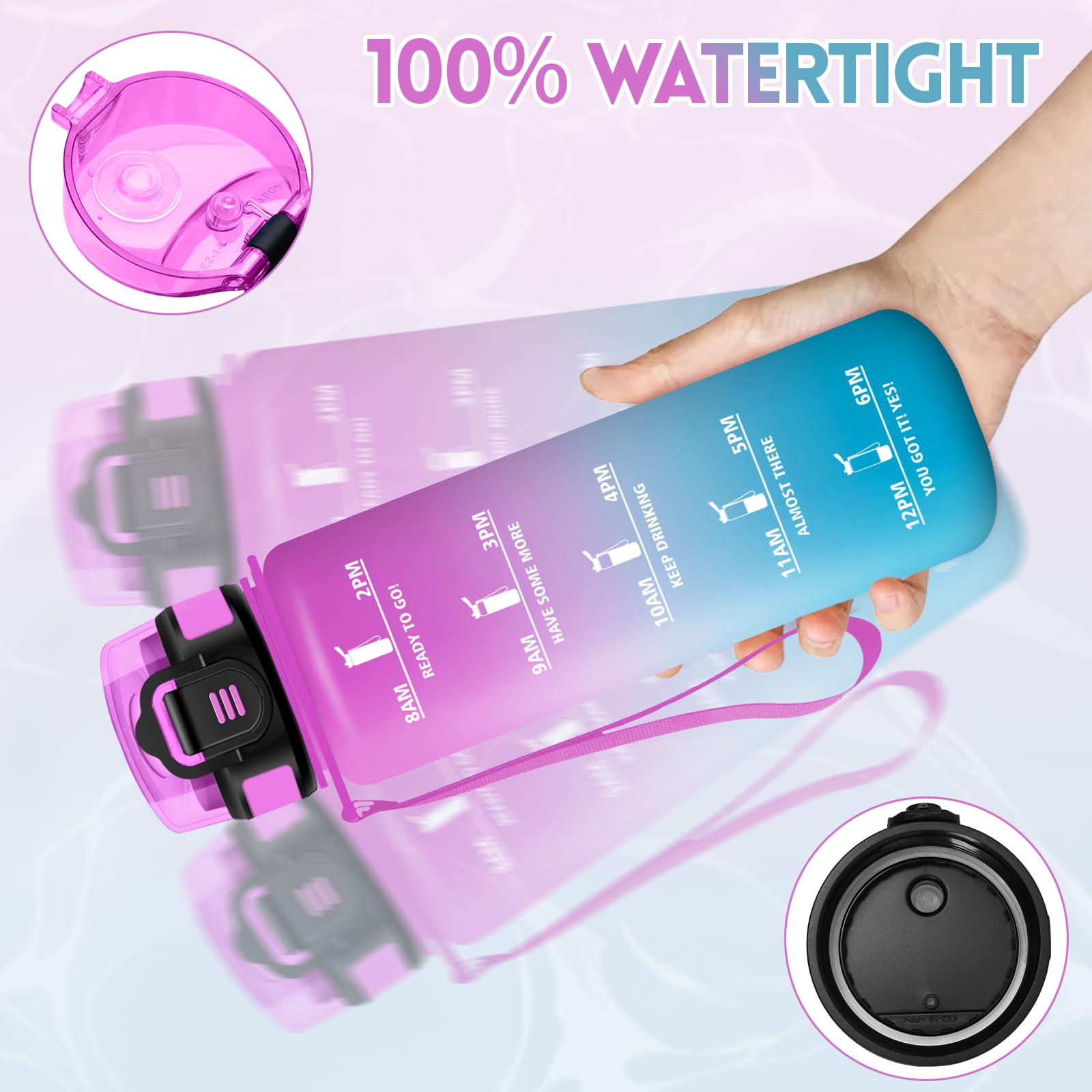 Borraccia, 1000ML Con Paglia, Borraccia Palestra Senza BPA, Borracce con Cannuccia, Bottiglia d'acqua Motivazionale con Indicatore del Tempo, Bottiglia Acqua per Palestra, campeggio - Rosa&Ciano