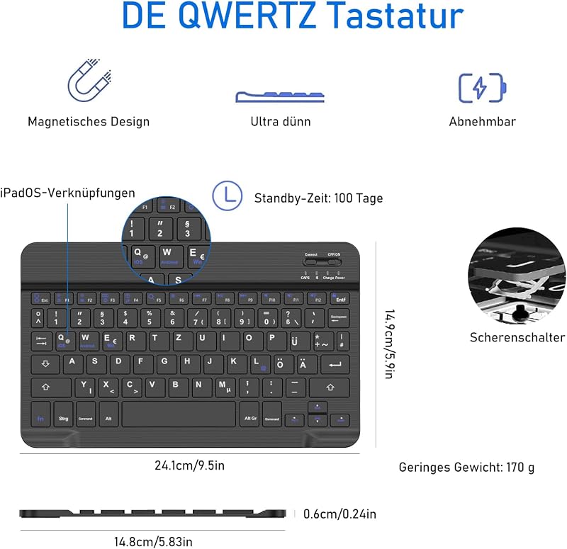 FOGARI Bluetooth Billentyűzetes Tok iPad 10.2/10.5 Készülékekhez - Német QWERTZ, Levehető, Újratölthető, Kompatibilis 9/8/7 Generációs iPad,