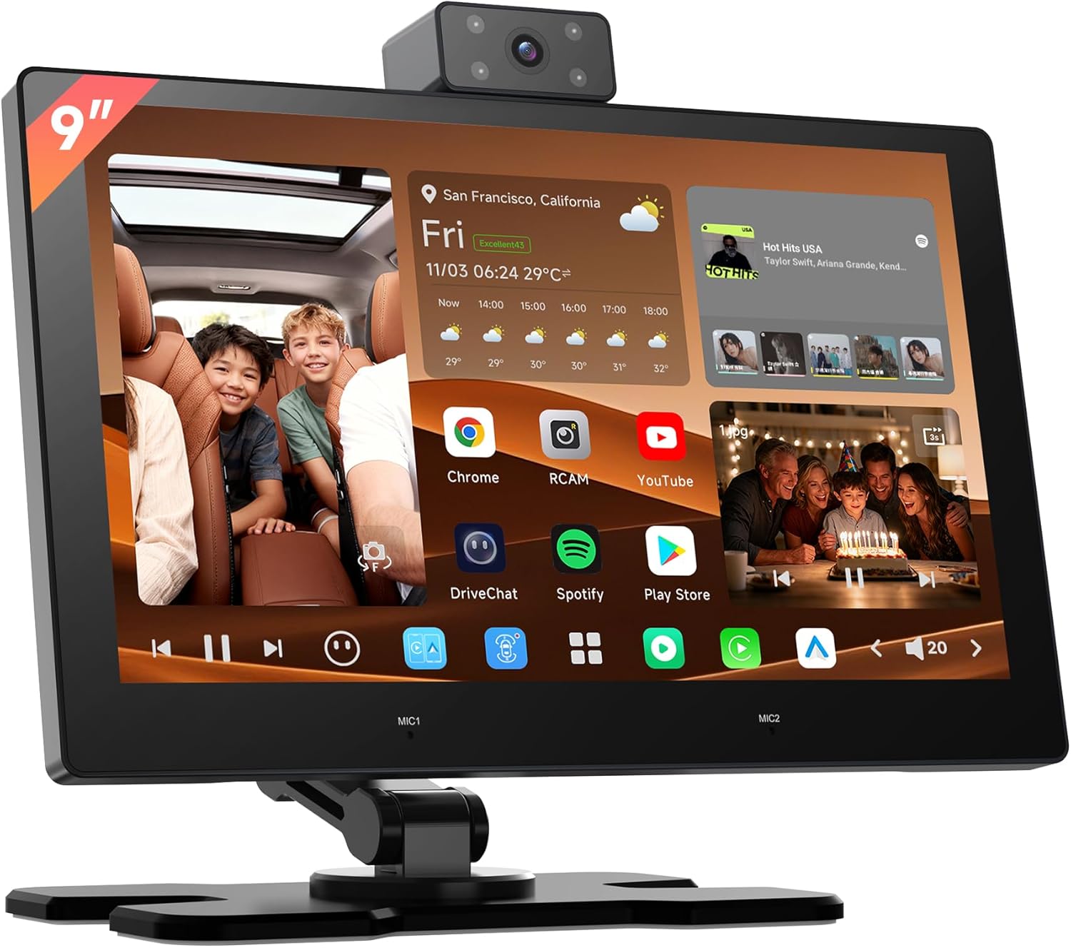 P10 CarPlay Screen for Car - 9" QLED Android Car Stereo w/AI & Parking Monitor, Built-in Front & Cabin DVR Cam, Wireless CarPlay & Android Auto, 8GB+128GB, 4G/Wi-Fi/BT/USB, P1009M2M