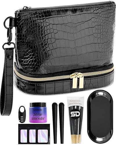 SafeDelux Travel Kit with Combination Lock, Airtight Zipper Metal Tray & UV Block Glass Jar, Durable PU Leather Foldable, Perfect Holidays Gifts for Her (Black) - Black