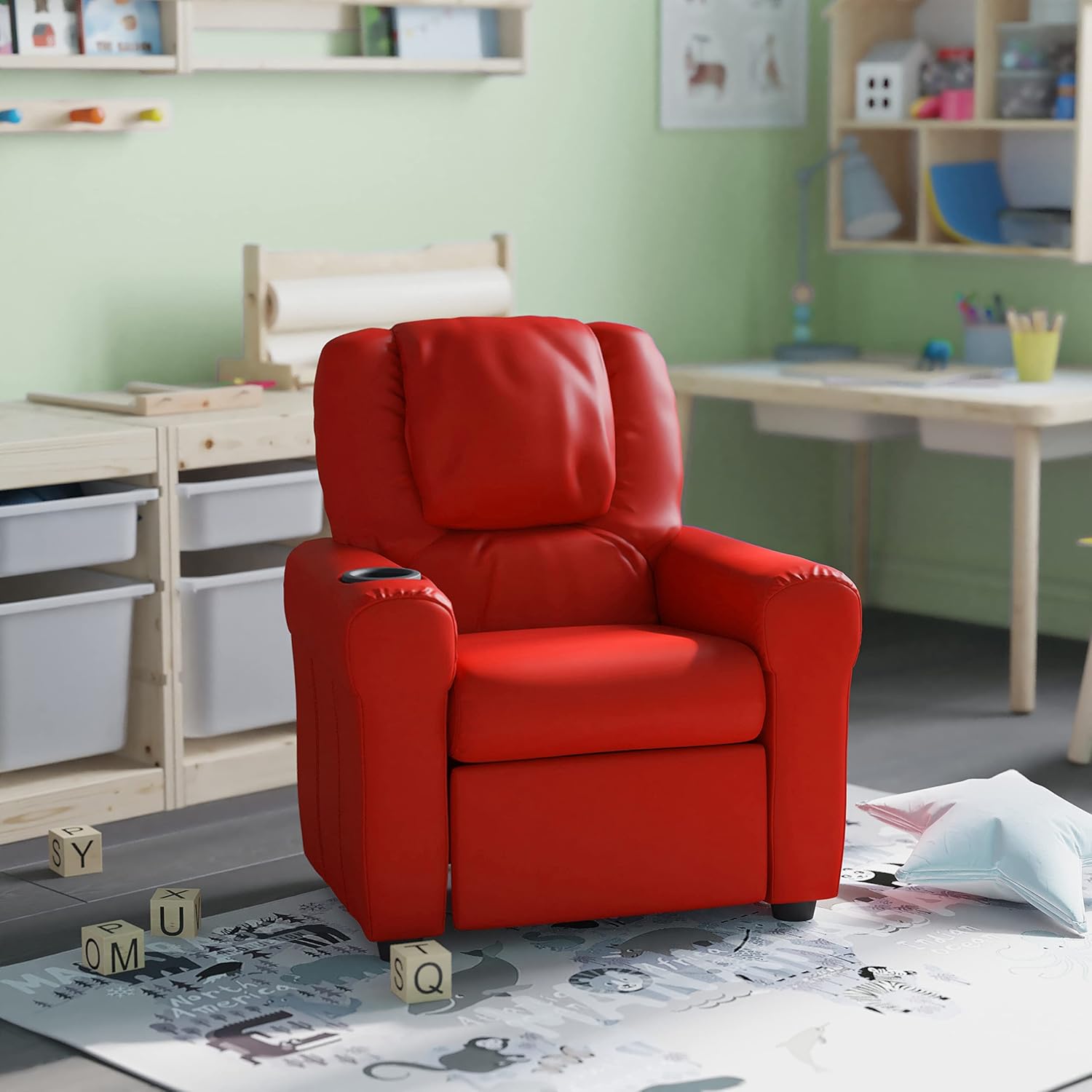 HBCY Creations Kid's Recliner - Red Vinyl Upholstery - Integrated Cupholder - Padded Headrest - Safety Recline Feature