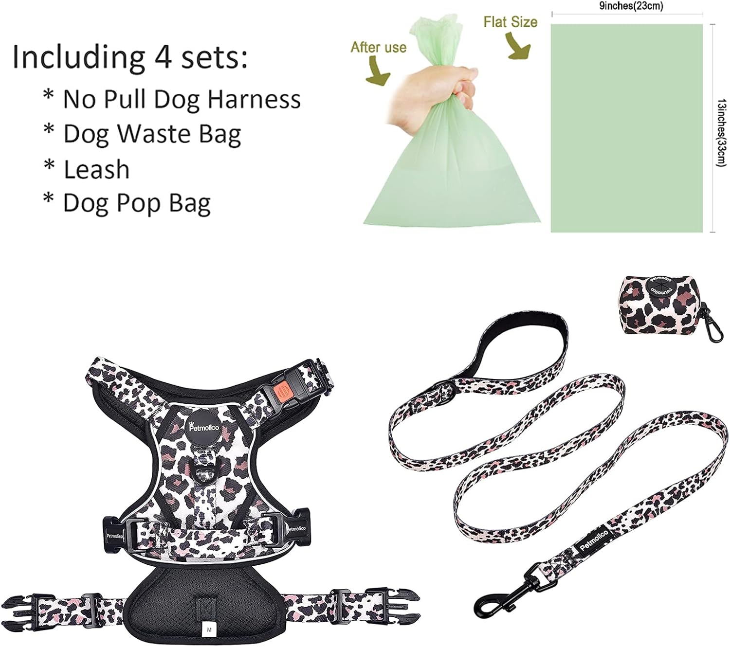 Petmolico No Pull Dog Harness Set with Leash Attachment Easy Control Handle Reflective Harness Vest Small Breed, Puppy Vest and Leash Set with Poop Bag Holder, XS - Leopard