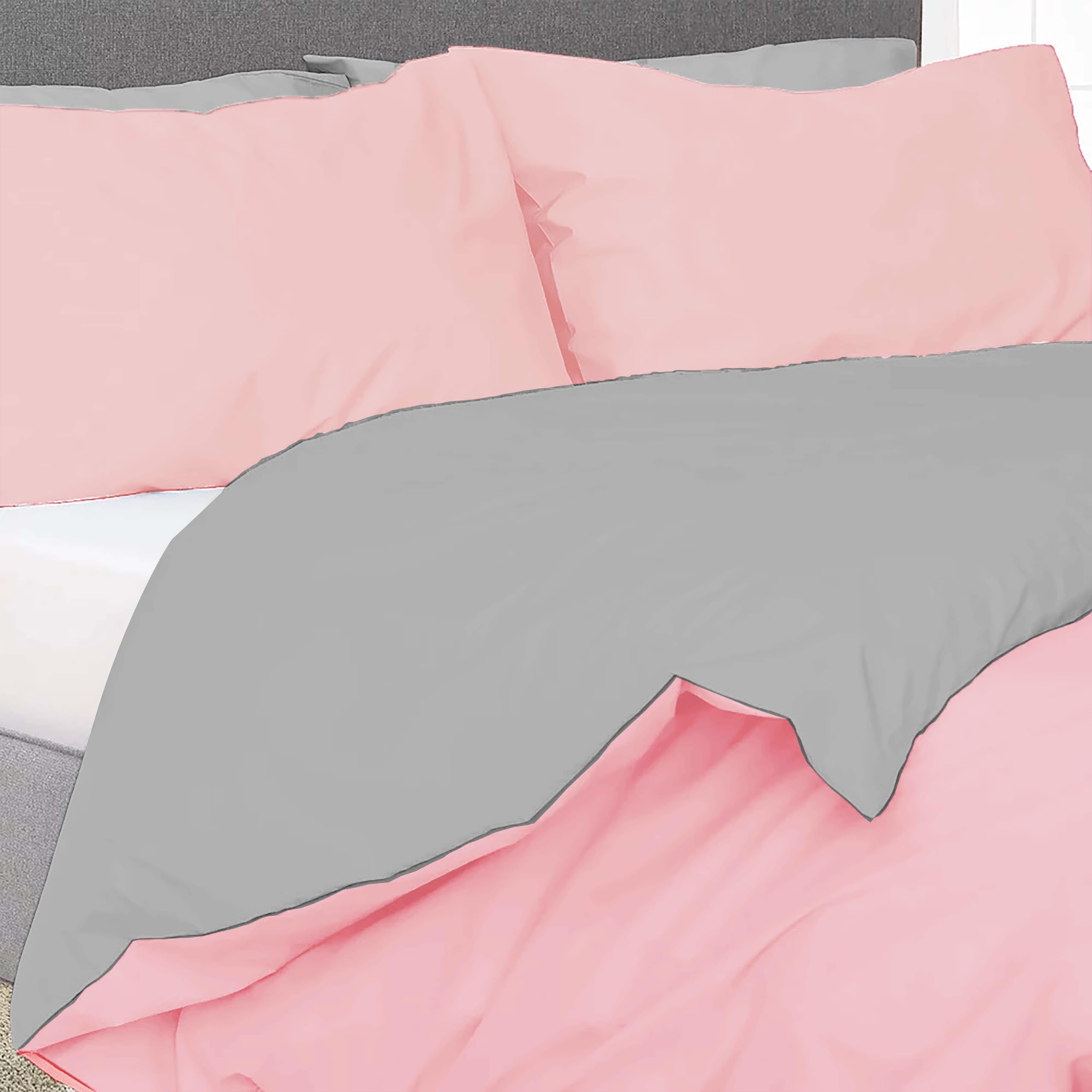 Ev Dekor Duvet Cover Set Double Grey Pink - Soft Microfibre Polyester Plain Dyed Reversible Double Duvet Set with Pillow cases - Bedding Quilt Covers Bedsheets - Image 2