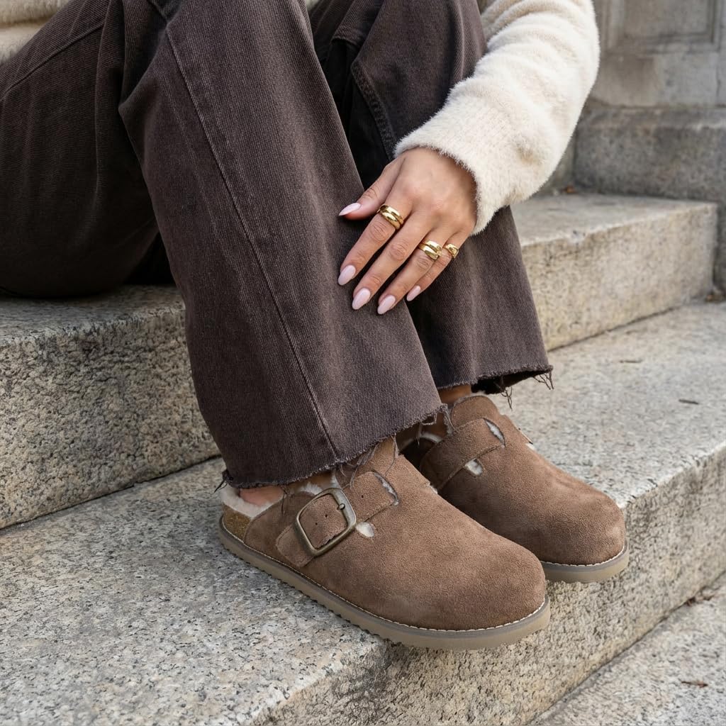 CUSHIONAIRE Blain Fur Genuine Suede Clogs for Women, Cozy Slip-On Womens Slippers with Detailed Stitching and Memory Foam Comfort - Image 3