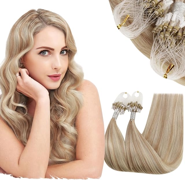 RUNATURE Micro Beads Hair Extensions Human Hair Ash Blonde Highlight Blonde Micro Loop Hair Extensions Remy Blonde Micro Link Extensions Straight 16 Inch 50g/50s