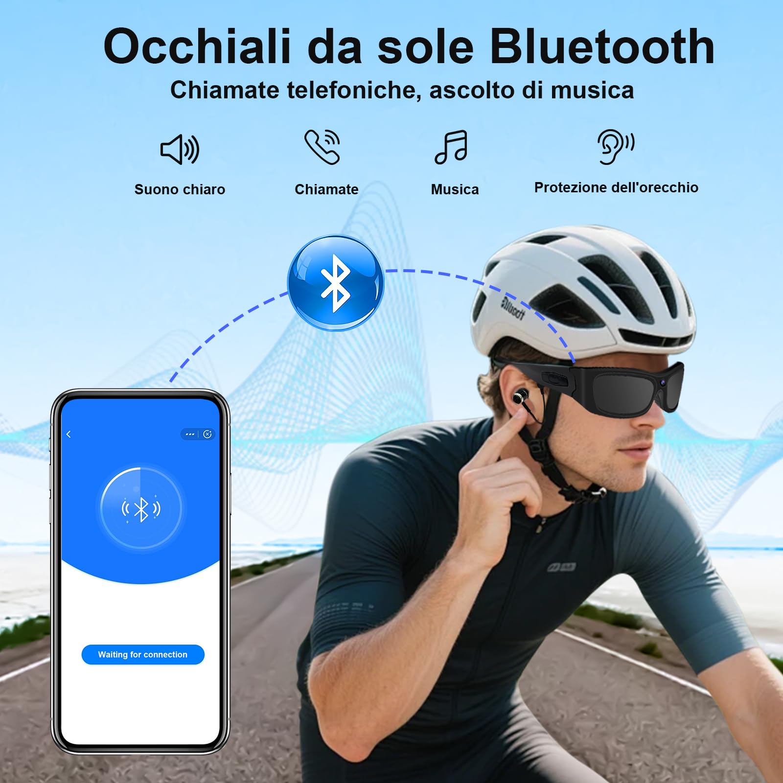 CYI Action Cam Occhiali da Sole - Videocamera Sportiva 1080P con Bluetooth 5.0, Chiamate e Musica, Impermeabile IPX4, 100 Min Autonomia, per Ciclismo/Moto/Sci (Incl. Auricolari)