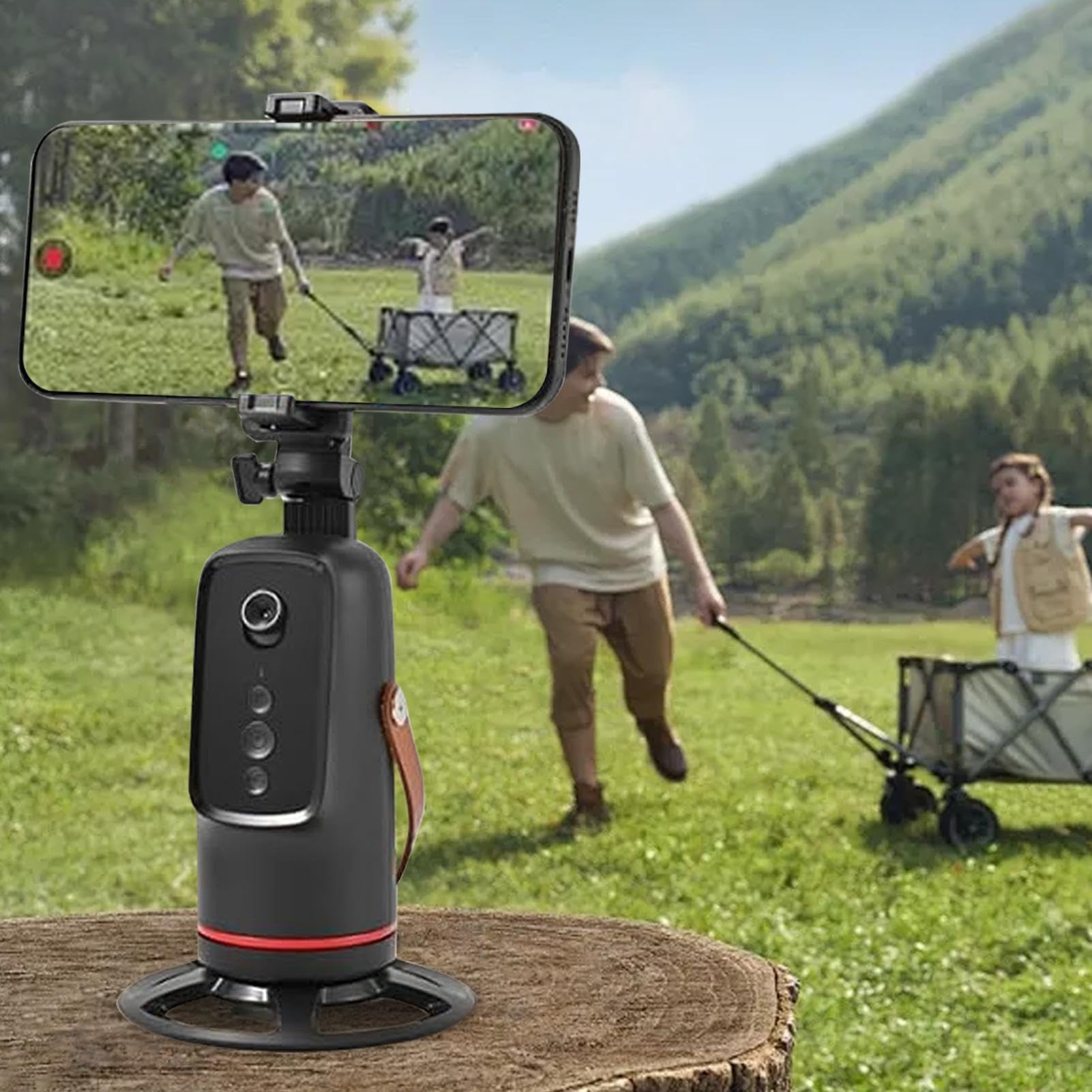Treppiede viso – Supporto girevole a 360° | Supporto per telefono | Supporto per fotocamera con movimento automatico, batteria integrata da 1200 mAh, sensore intelligente, compatto, per l'en