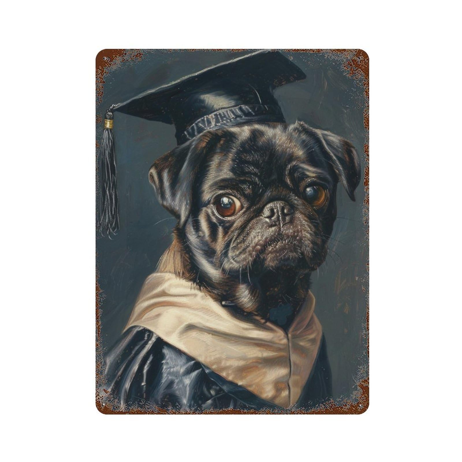 Graduation Pug Portrait Weathered Tin Sign 15.7"x11.8", for Shed, Workshop And Garage Wall Decor, Decorative Metal Wall Art