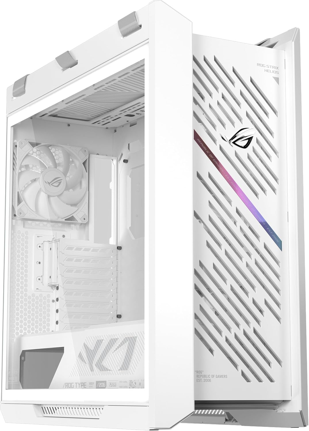 ASUS ROG Strix Helios II GX601S – Chassis EATX Gaming de Aluminio, diseño de Rejilla de Diamantes, 4 Ventiladores, gestión vertátil de Cables, Controlador ARGB, USB-C, Correas de Transporte – Blanco