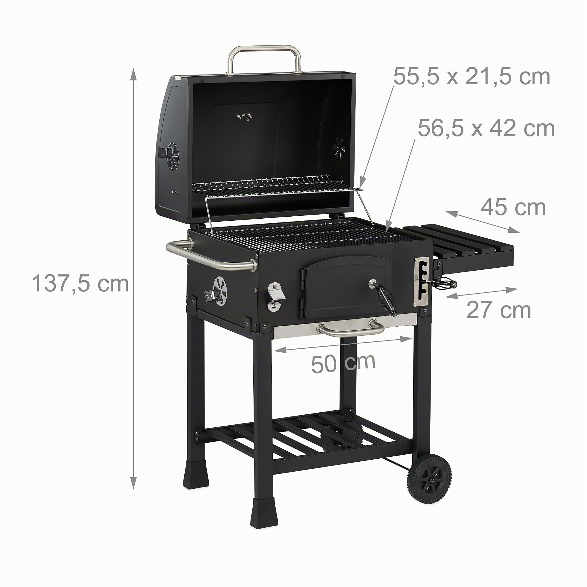Relaxdays Barbecue Carbonella con Ruote e Coperchio, Griglia a Carbone, Grill BBQ, Altezza Regolabile, Nero Argentato