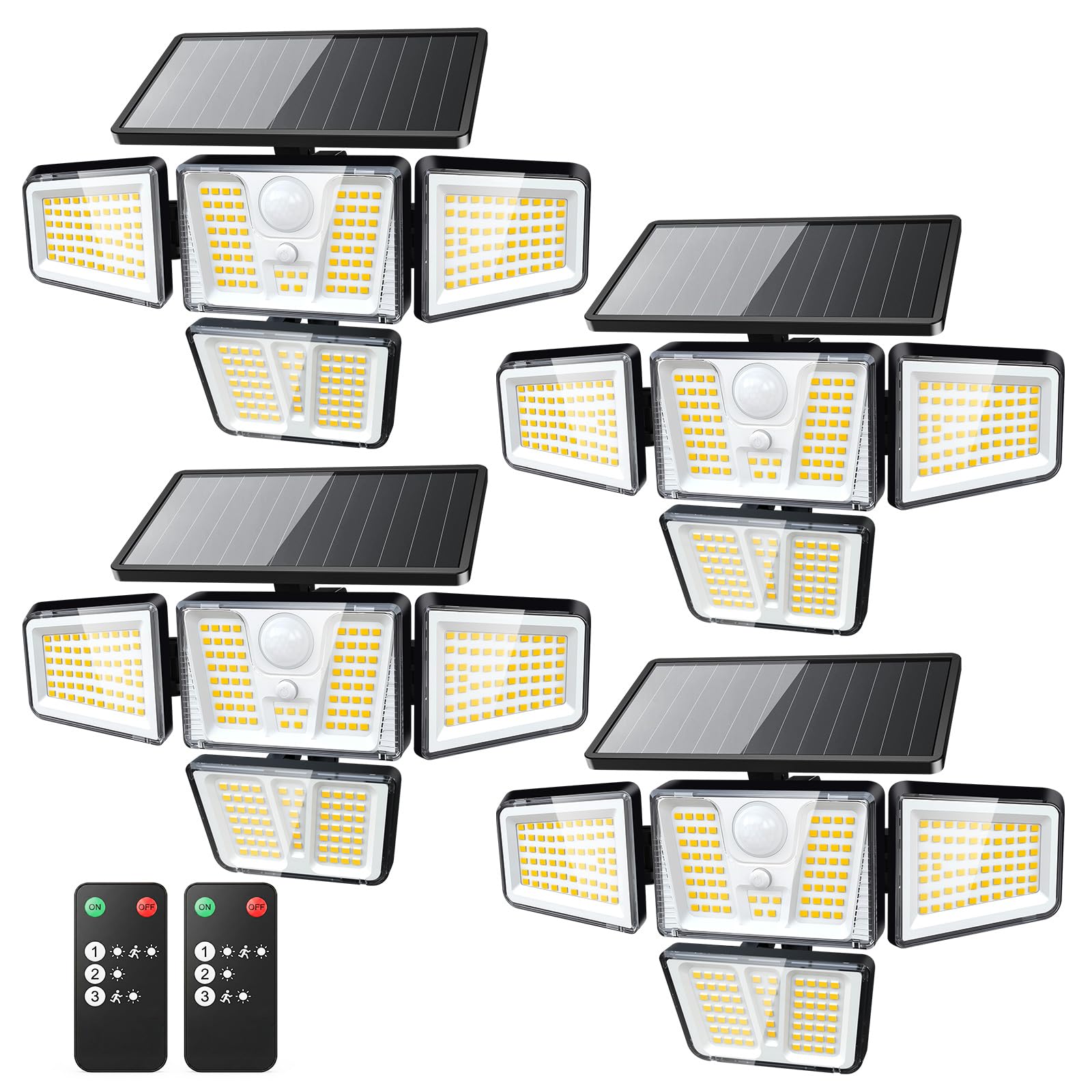 4 Stück Solarlampen für Außen mit Fernbedienung, 257 LEDs Außenlampe mit bewegungsmelder, 3 Modi, 4 Verstellbare Lampenköpfe, IP65 Wasserdichte Solarleuchte für Garage, Garten, Hof, Rasen
