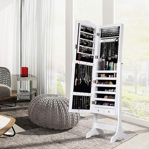 Miniatura 2 de Giantex Armario de joyería de pie con cerradura con 14 LED de encendido automático y espejo de longitud completa 14 LED de gabinete con espejo de