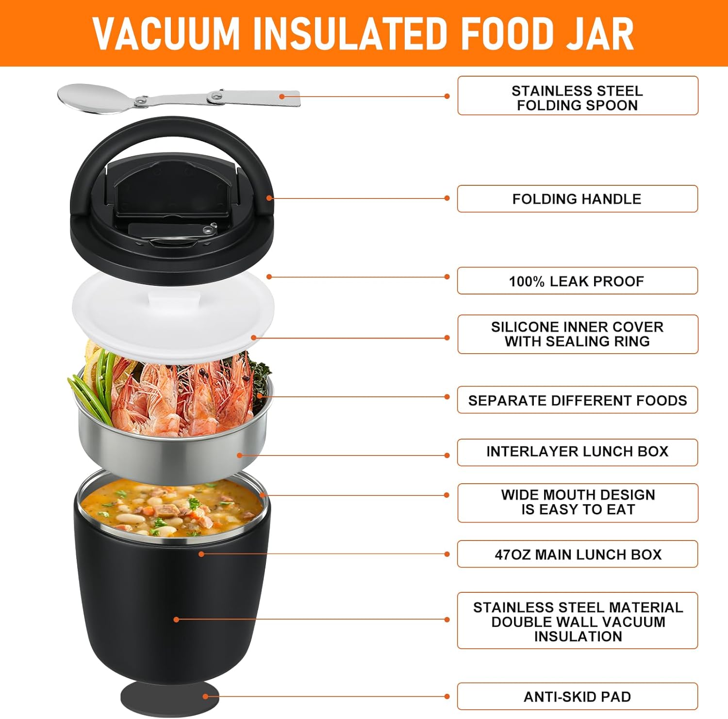 wiwens 40oz Insulated Lunch Containers for Adults Soup Thermo for Hot Food Jar Wide Mouth Leak Proof Vacuum Stainless Steel Thermal Bento Box with Buckle Lid and Spoon