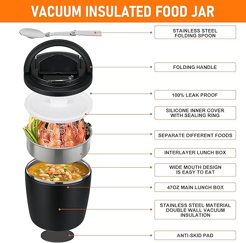 Miniatura 2 de Recipientes térmicos de almuerzo de 40 onzas para adultos, termo de sopa para comida caliente, boca ancha a prueba de fugas, acero inoxidable al