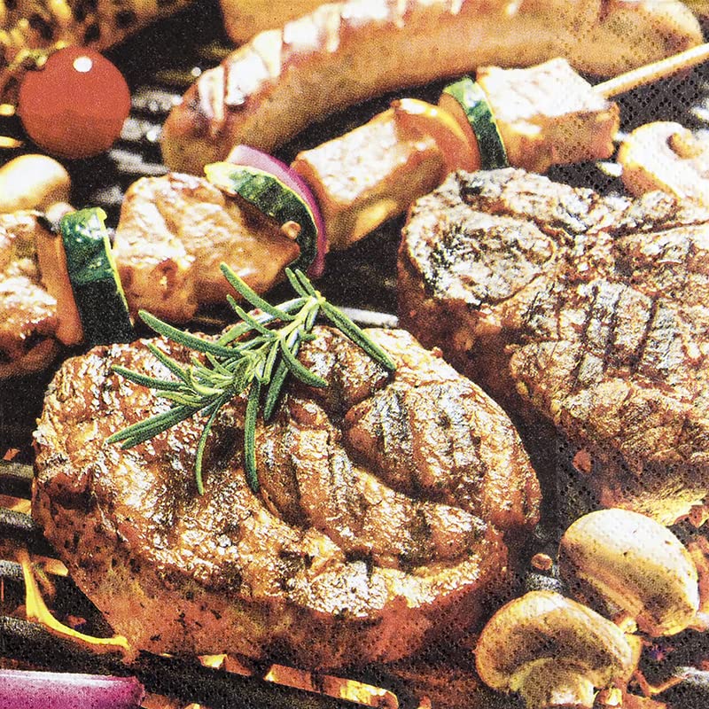 20 Servietten Leckereien vom Grill | Steak | Barbecue | Essen | grillen | Sommer | Tischdeko | Decoupage | Serviettentechnik 33x33cm