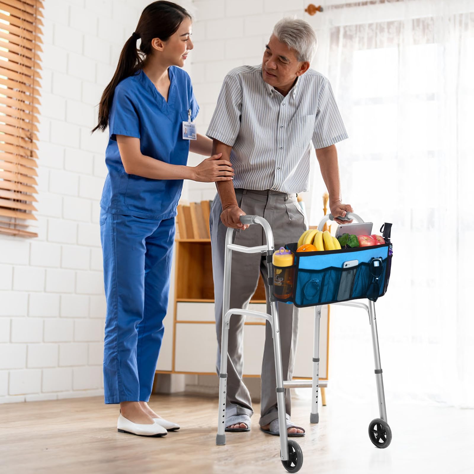 CTWWFS Cesta de andador mejorada con soporte para tazas, bolsa de almacenamiento plegable para personas mayores con gran capacidad y nunca se vuelca, el mejor regalo para la familia (azul cielo)