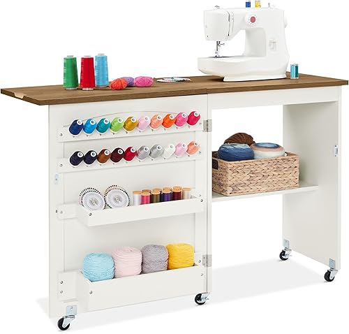 Miniatura 9 de Best Choice Products Mesa de costura plegable multiusos para manualidades y escritorio lateral con diseño compacto, ruedas, estantes, bandejas
