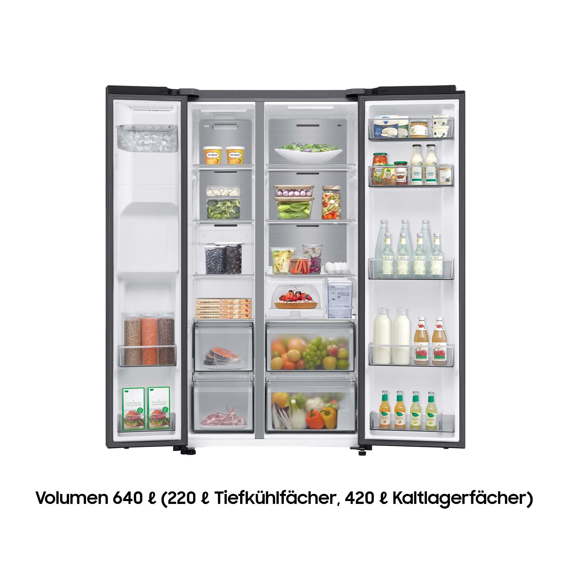 Samsung RS70F65KDFEF Side-by-Side Kühl-Gefrierkombination, AI Kühlschrank mit Gefrierfach, 178 cm, 640 l, Eis-/Wasserspender mit Wassertank, AI Energy Mode, Metal Cooling, Black Steel