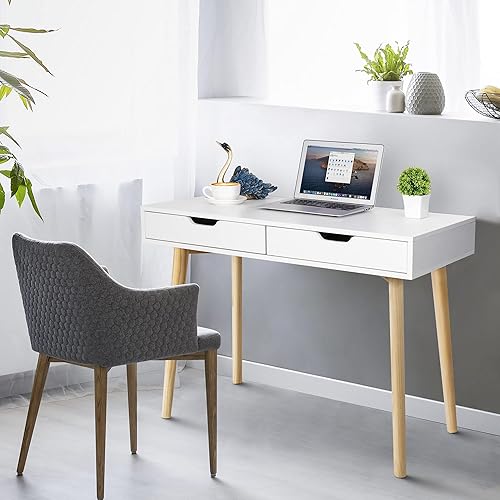 Miniatura 3 de SUPER DEAL Escritorio moderno para computadora de mediados de siglo, escritorio moderno para computadora portátil con dos cajones de almacenamiento