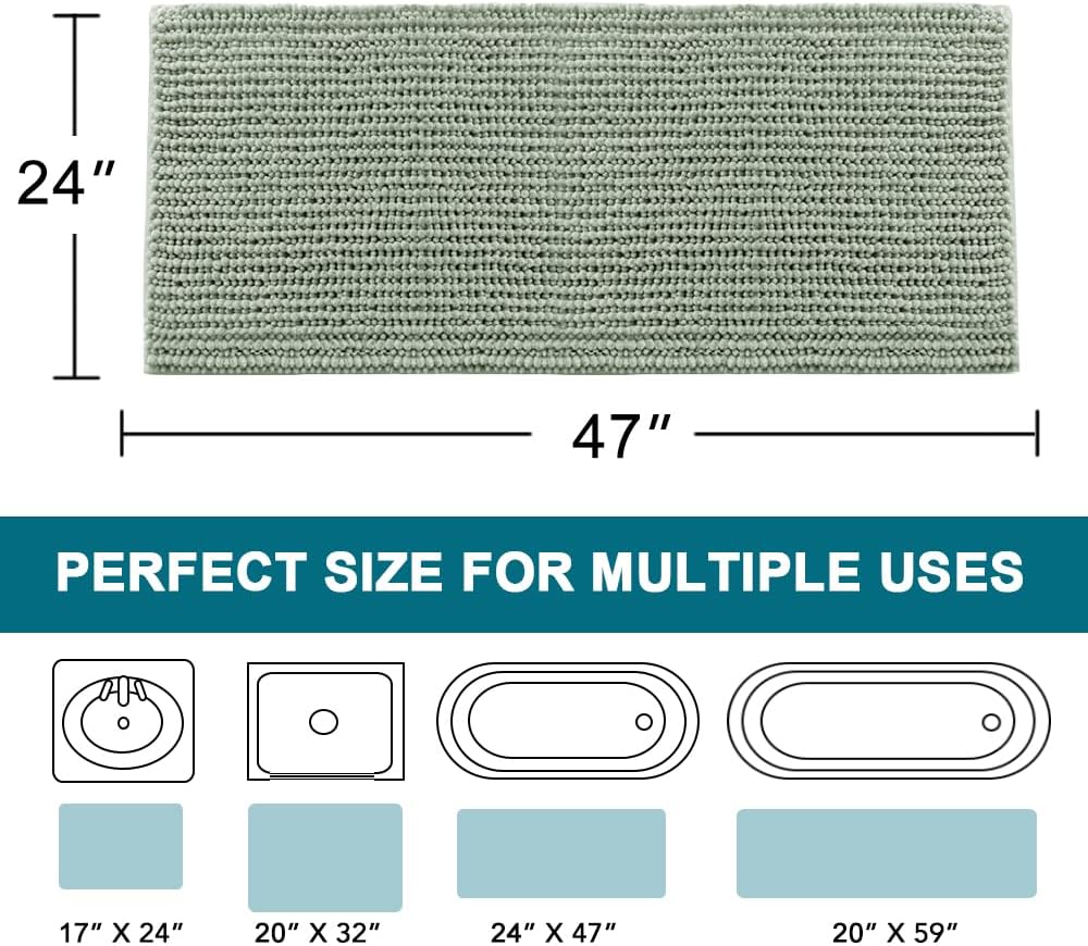 Turquoize Bath Rug Runner Chenille Bath Rugs for Bathroom Non Slip Bathroom Rug Bath Mat Soft Water Absorbent Thick Shaggy Floor Mats Shag Area Rug for Bathtub, 47 Inch by 24 Inch, Sage-New Weave