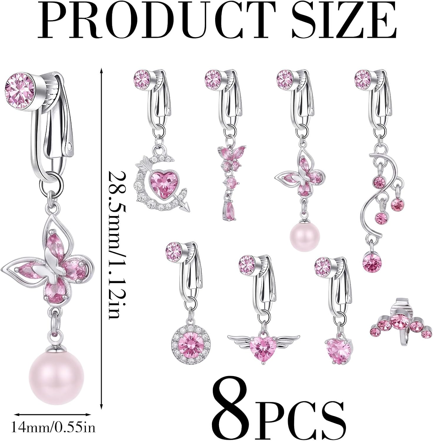 Fake Belly Button Ring Clip-On - 8Pcs Navel Clip with Zirconia for Women, Ear Clips or Clip on Belly Button Rings Non Piercing for Beach Vacation Party Body Accessorie