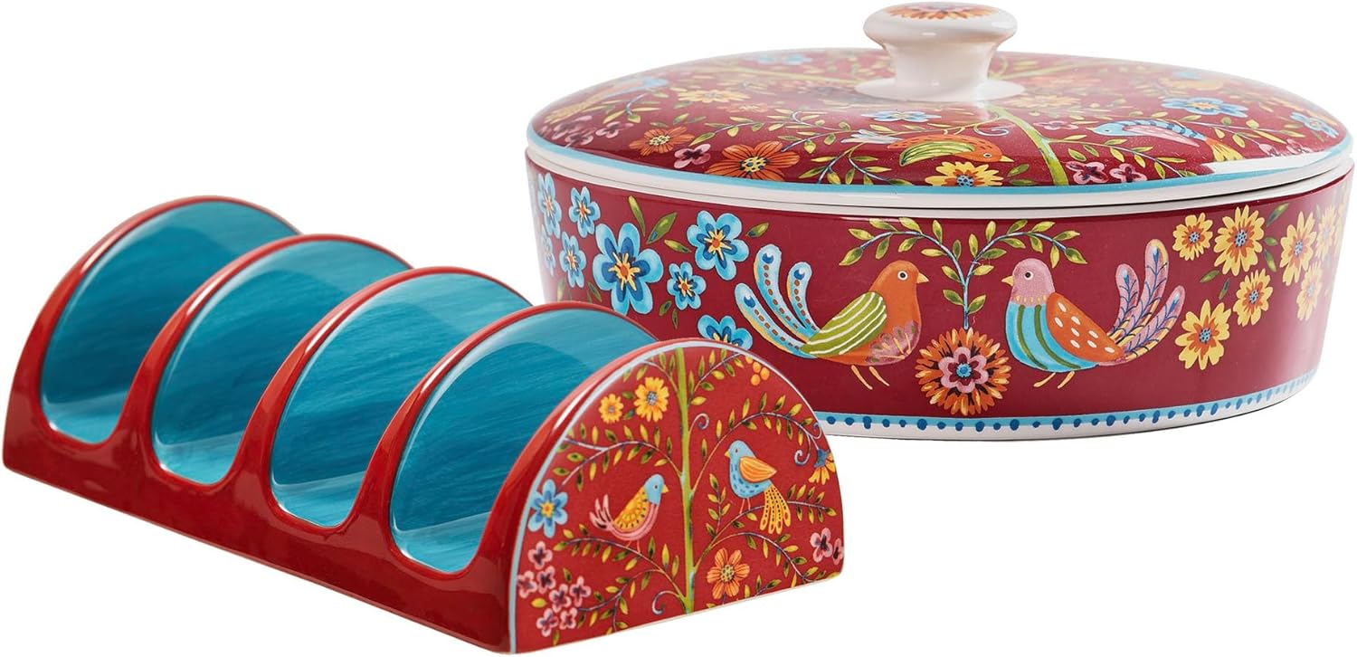 Bico Red Spring Bird Taco Tuesday Set, Tortilla Warmer and Taco Holder, Microwave and Dishwasher Safe