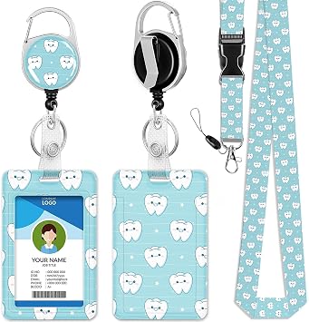 ID Badge Holder with Lanyard and Retractable Clip, Breakaway Lanyard for Name Badge Holder for Nurse Doctor Student Office Gifts, Dentist Blue Teeth