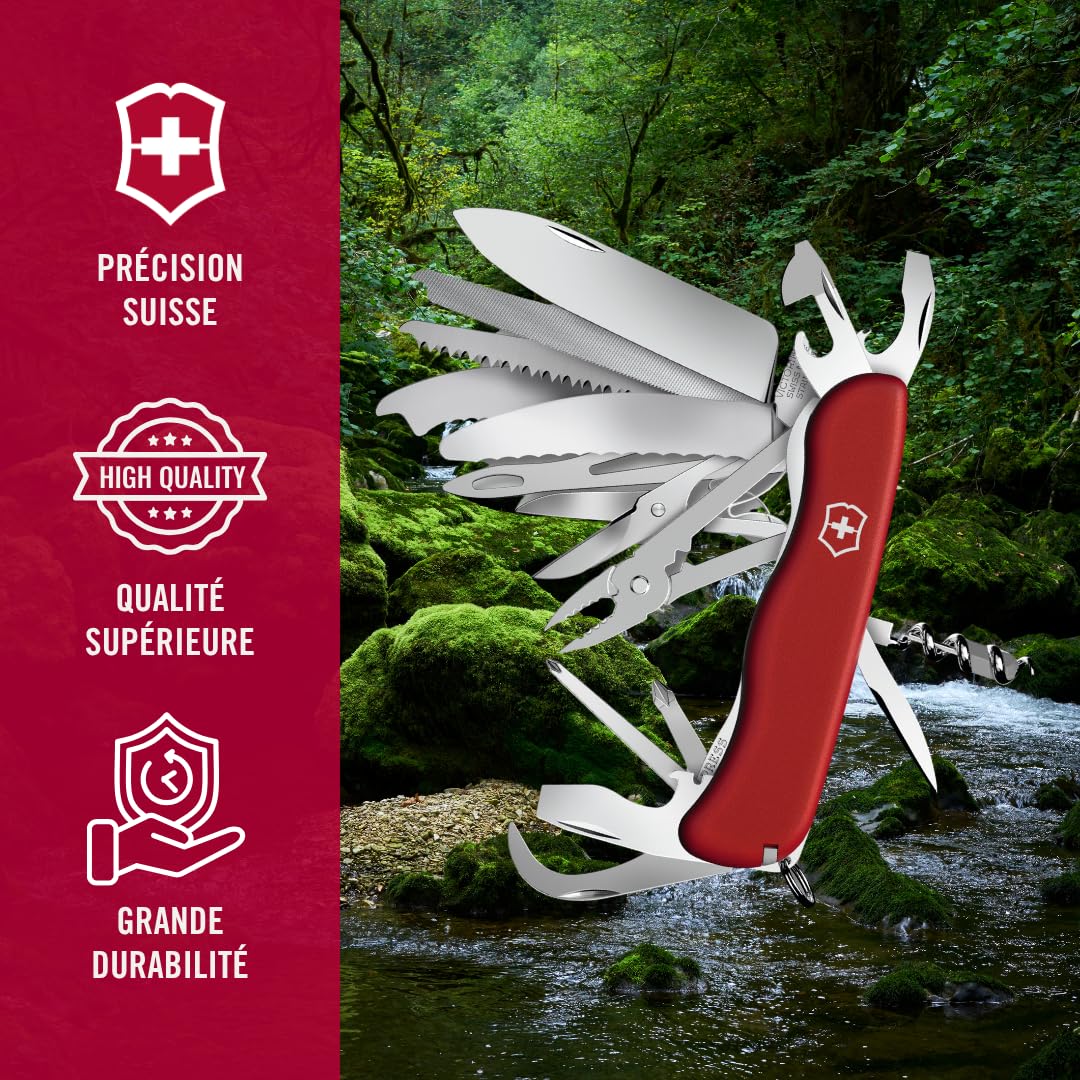 Victorinox Work Champ Couteau de Poche Suisse, Couteau Multifonction, 31 Fonctions, Grande Lame Fixe, Tire Bouchon, Rouge