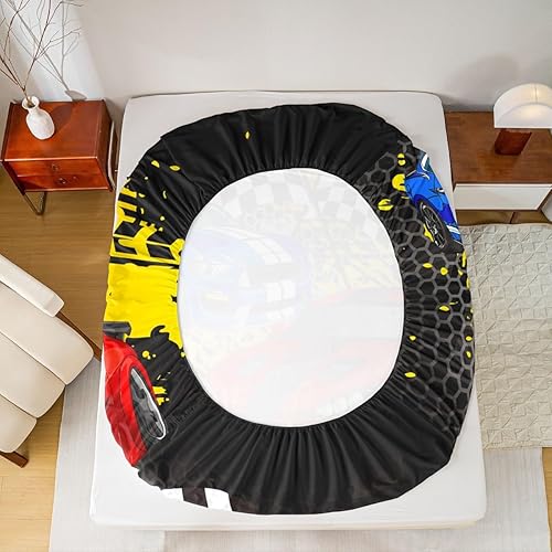 Miniatura 6 de Cool - Sábana bajera ajustable para auto de carreras de velocidad con estampado de cuadrícula en blanco y negro, ropa de cama de tela decorativa