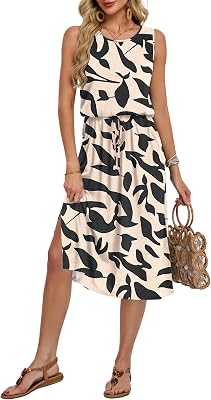 AUSELILY Damen Sommerkleid Ärmellos Midi Strandkleid