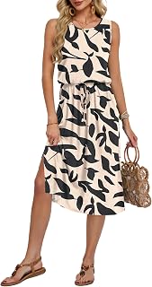 Damen Sommerkleid Ärmellos Midi Strandkleid Kordelzug Mit Taschen