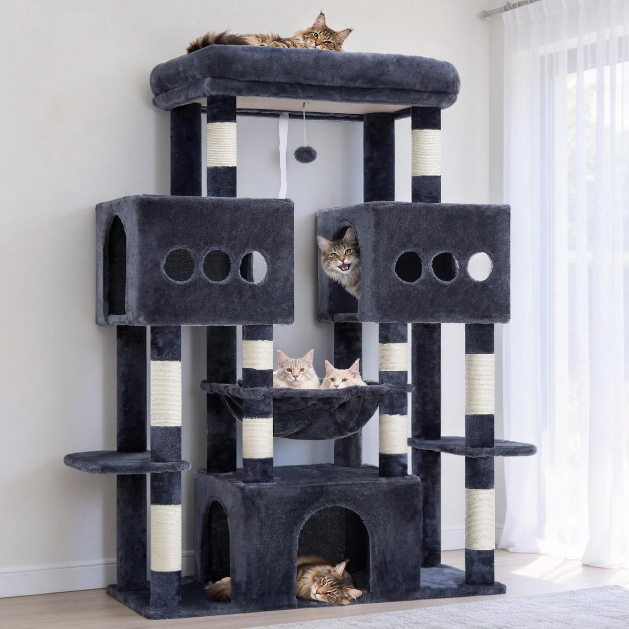 Hey-brother Tiragraffi per Gatti, con Amaca, 3 Cucce grandi, MPJ83G | 144cm Albero per Gatti, Piattaforma spaziosa, Pompon, Ideale per Maine Coon da interno, Grigio Fumo