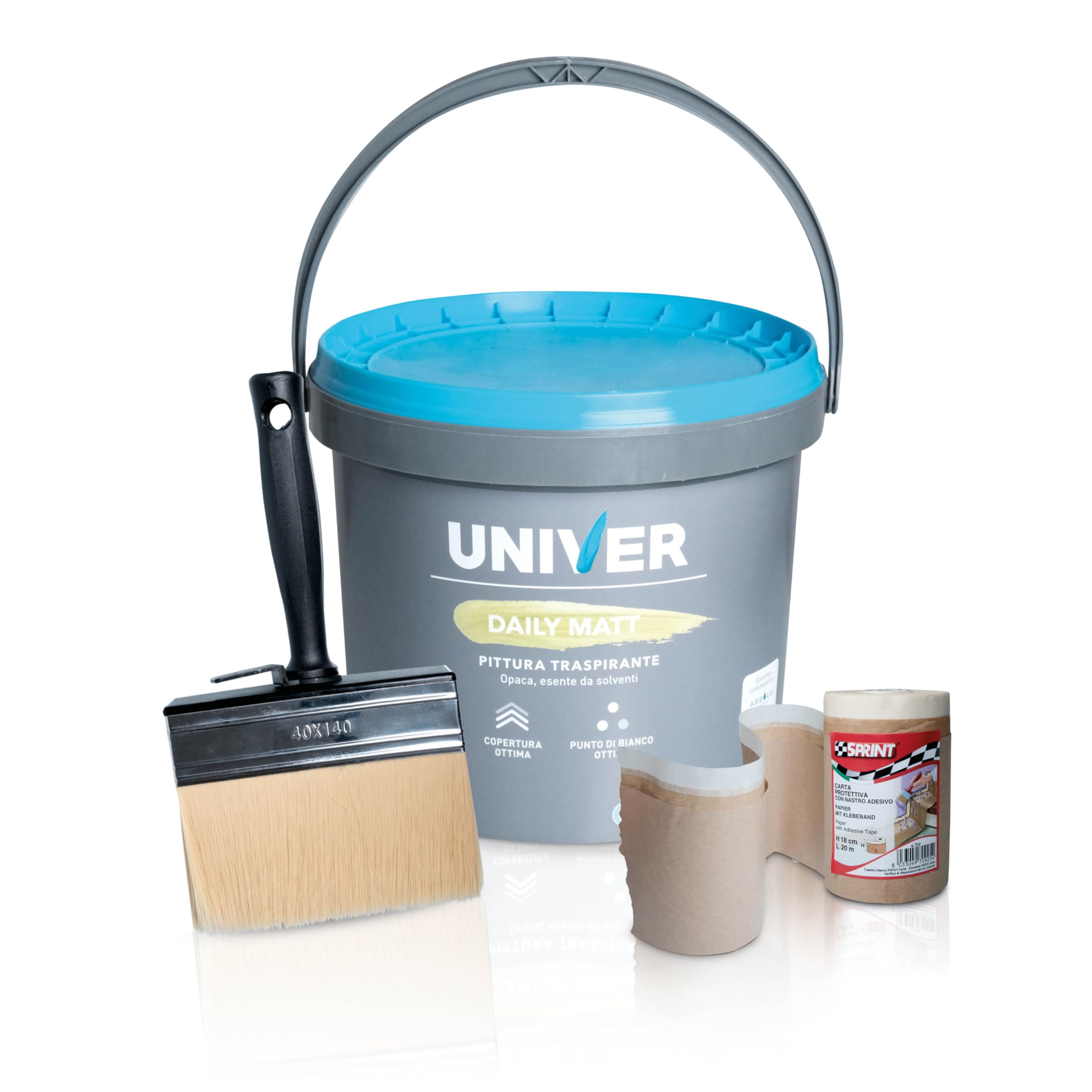 Pittura Bianca per Interni Lavabile 4 Litri Classe A+, Vernice Bianca per Muro Interno Traspirante Opaca ad Alta Copertura, con Pennello Plafone 10x4cm e Nastro per Mascheratura, Kit Pronto Uso