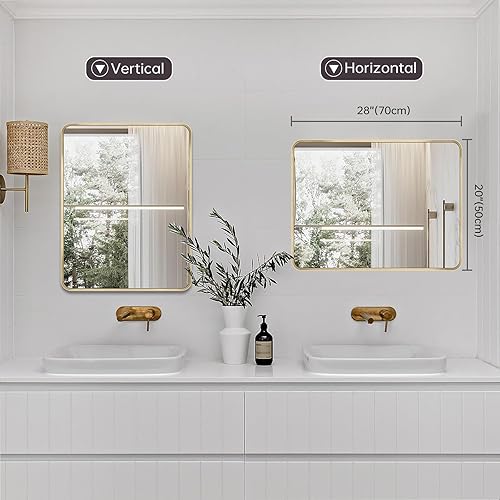 Miniatura 2 de LAMCHMOR Espejo de baño para pared, espejo rectangular redondeado de 20 x 28 pulgadas, espejo de tocador de baño dorado, espejo de pared para sala