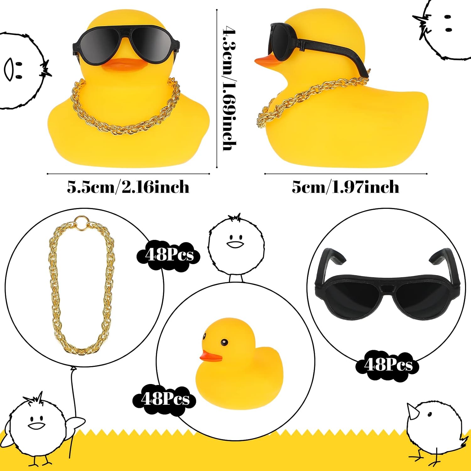 Jerify 48 Pcs 48 Pcs Mini Rubber Ducks with Sunglasses Small Rubber Ducks in Bulk with Gold Chain for Cruise Birthday Party Favors Christmas Valentine Gifts