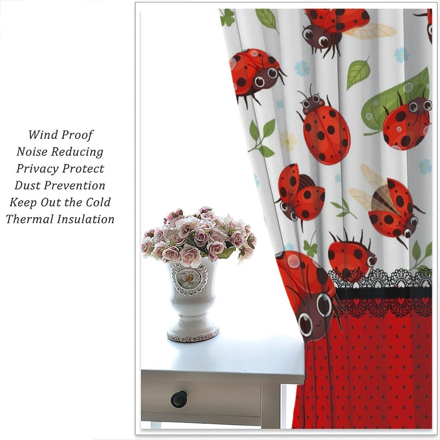 Brebasf Cute Cartoon Animal Ladybug Rod Pocket Blackout Curtains for Living Room,Noise Reduction Abstract Modern Art Spring Forest Green Leaf Ladybugs Bedroom Curtains,2 Panels 63" L x 27.5" W