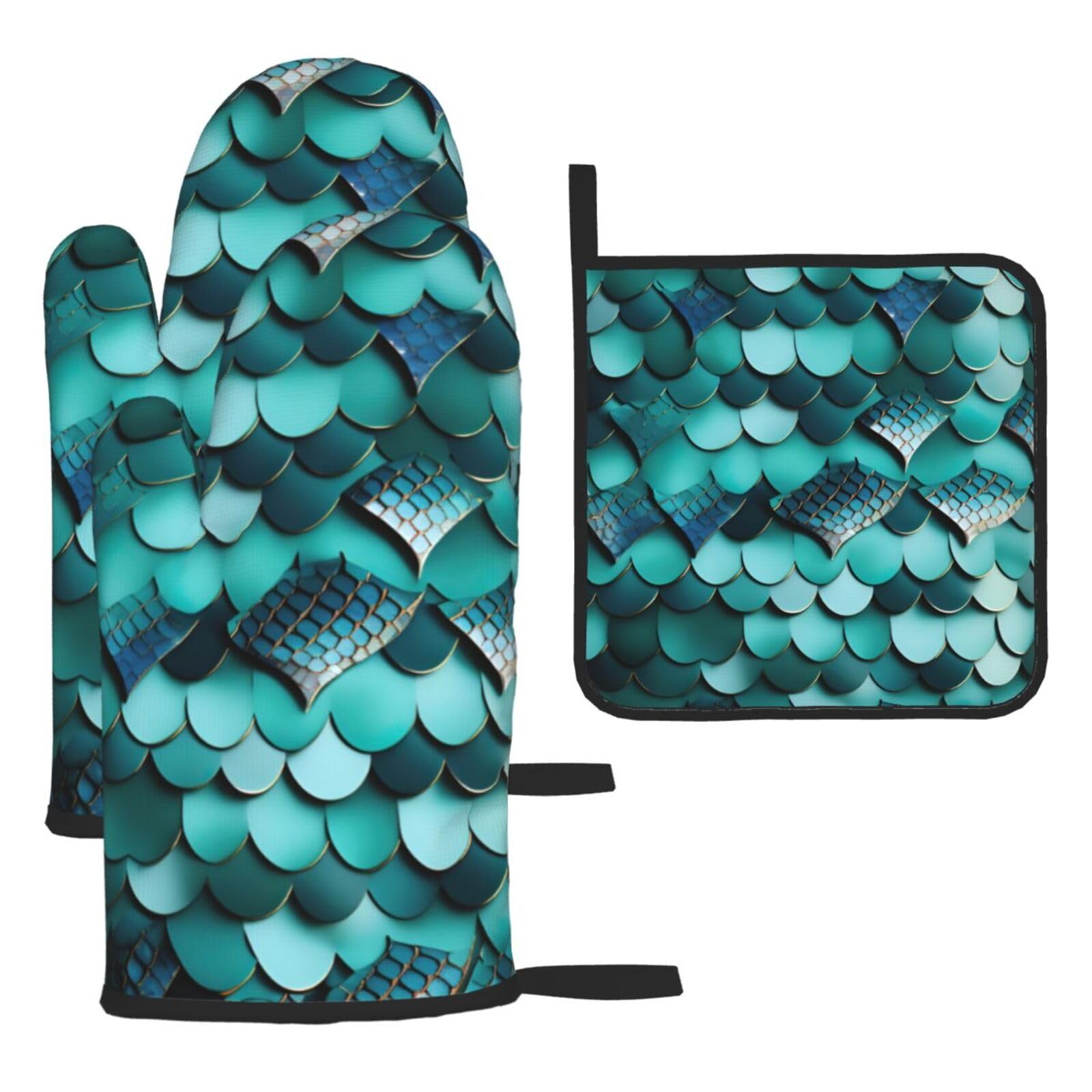 Mermaid Fish Scale Print Print Oven Mitts Kitchen Gloves Set Everyday Baking Grilling Microwaving Cooking Gift